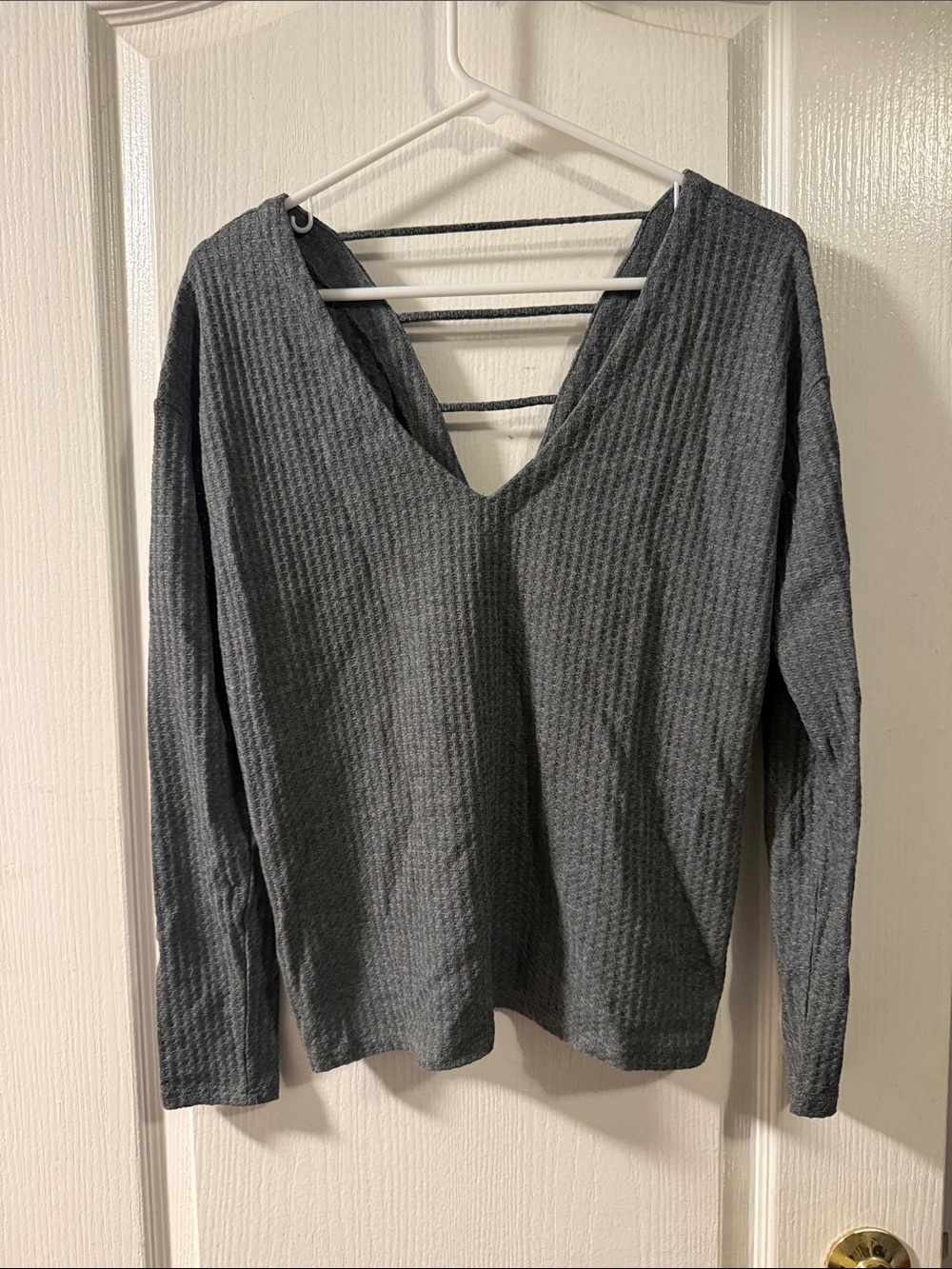 Express Charcoal Gray V-Neck Long Sleeve Top with Back Strap Detail. NWT